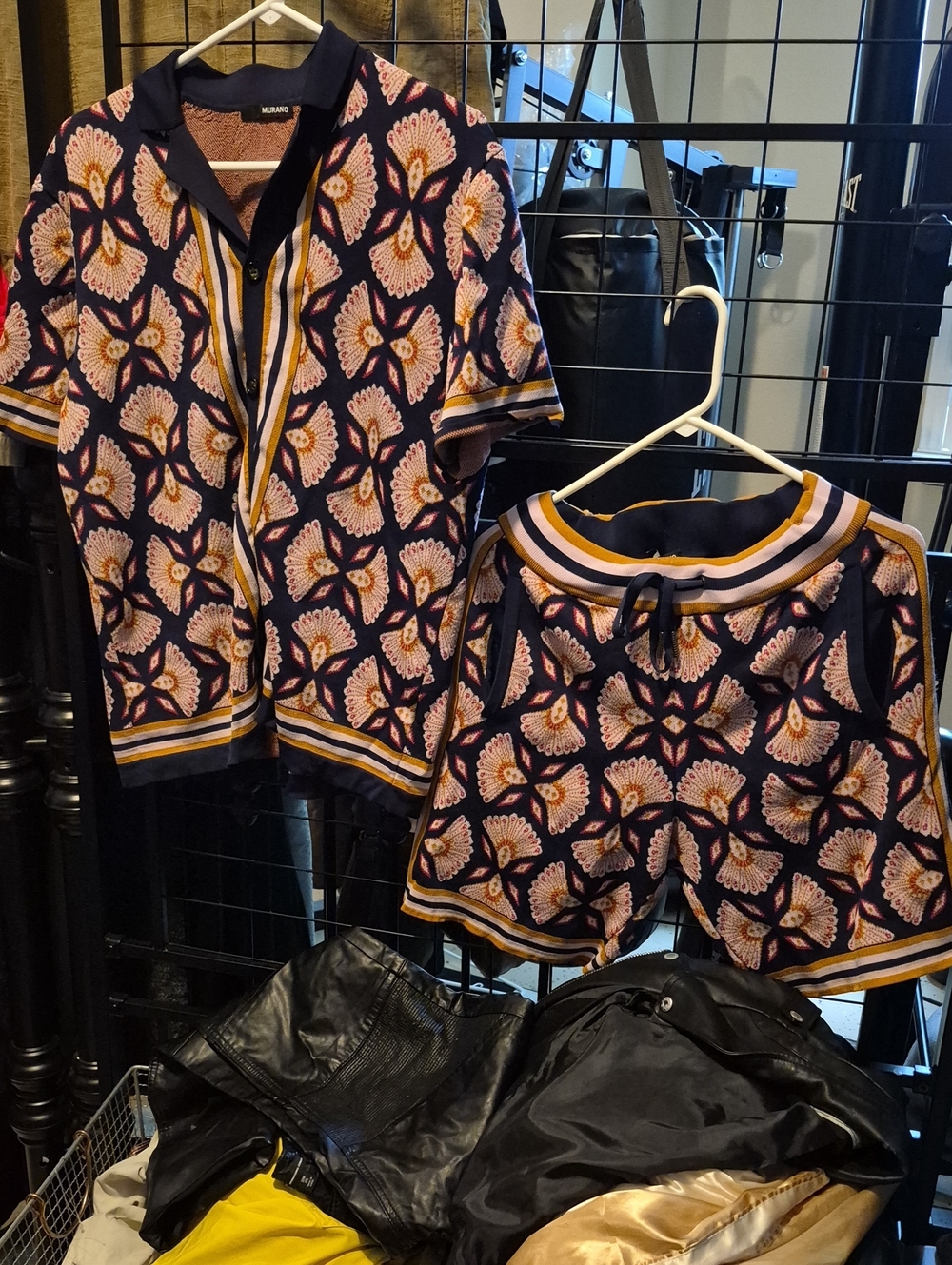 Murano Navy Knit Set with Pink Floral and Mustard Trim